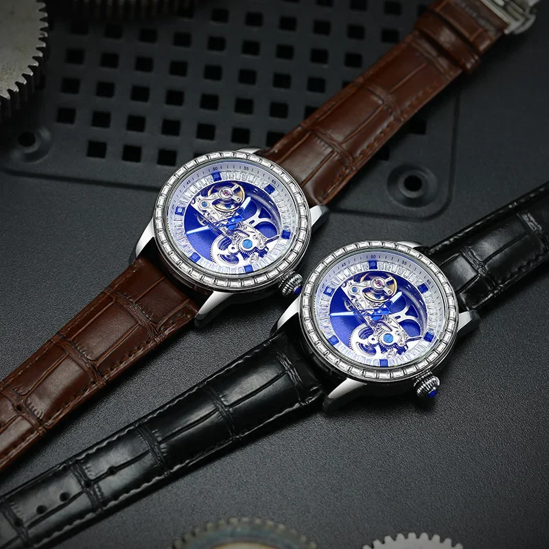 Original Luxury Brands Sapphire Diamond Man Watch Automatic Movement Hollow Skeleton Mechanical Clock Elegant Male Wrist Watches