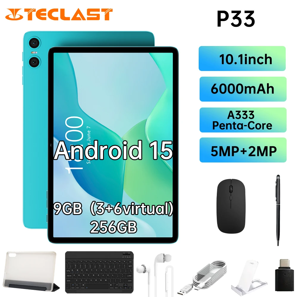 Новый планшет Teclast P33, 10,1-дюймовый Android 15, 1280X800, 9 ГБ ОЗУ + 64 ГБROM, WIFI, зарядка Type-C, с клавиатурой и комплектом аксессуаров