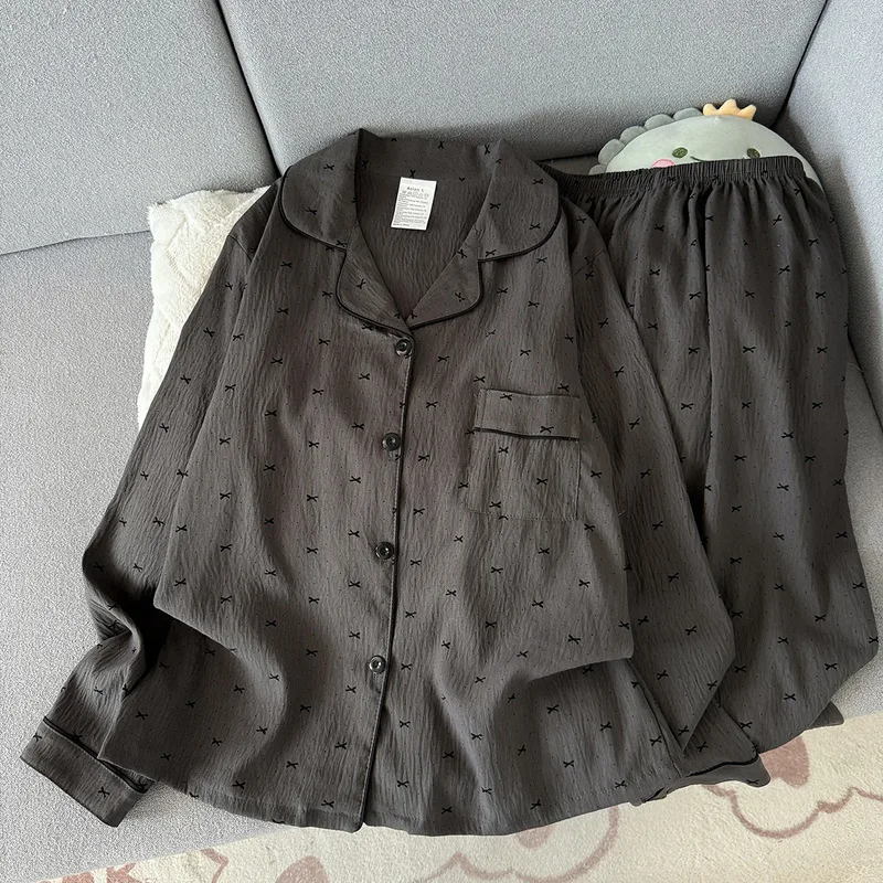 Spring and Autumn Women's Sleepwear, Dark Grey Retro Long Sleeve Pants, Flip Collar Cardigan Set, Loose Casual Home Clothes