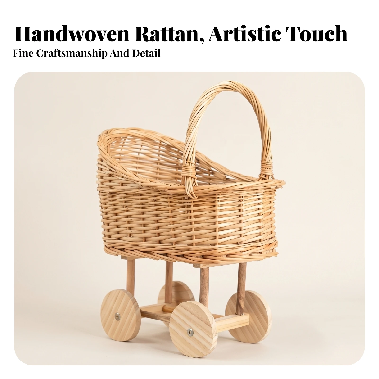 Baby Basket Stroller Handwoven Rattan Baby Carriage Basket Wicker Carriage Planter Natural Portable Handle for Nursery, Display