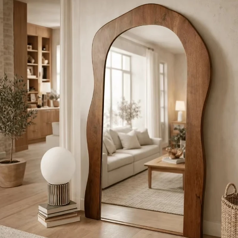 Modern Arched Dark Wood Frame Full Body Mirror Decorative Floor Mirror