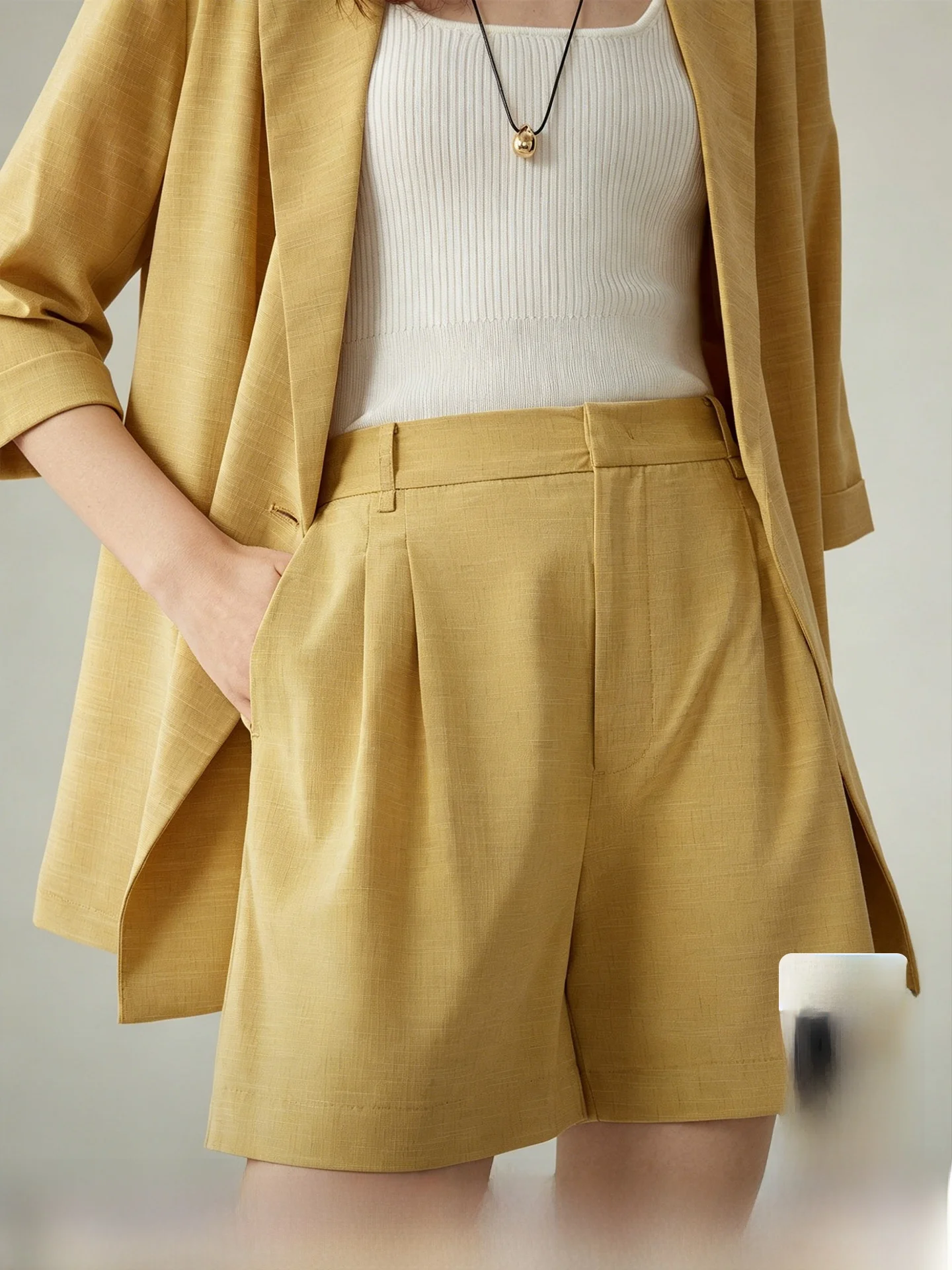 Yellow High Waist Suit Short Pants Women's Summer Thin Casual Bermuda Five-Point Pants Ayaoka Home Imitation Linen Texture