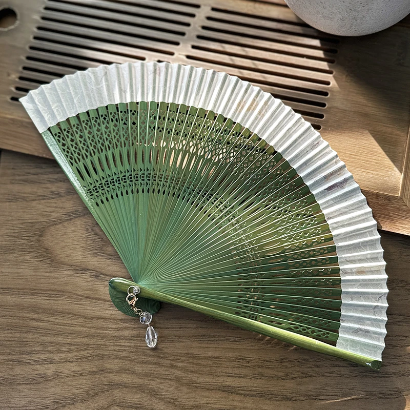 小さな新鮮な窓ガラス-54-インチ緑の花紙ファンレトロ漢服古代スタイルデイリーミニ扇子