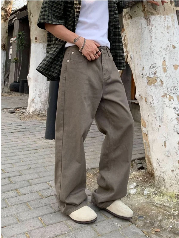 

Brown Denim Jeans Men's Autumn Winter Heavyweight Wasteland Style American Retro Loose Straight Leg Long Pants