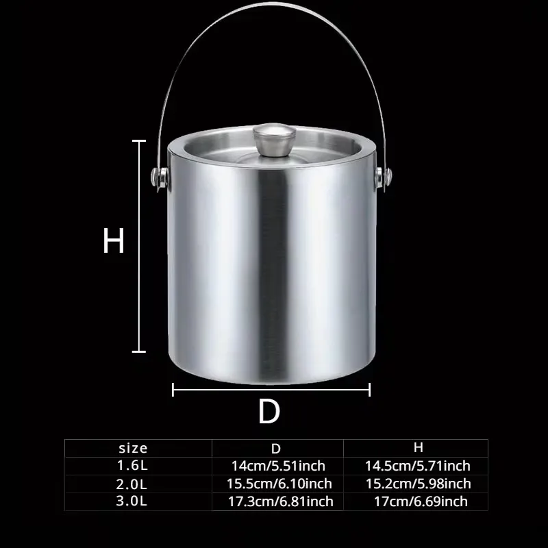 Vacuum-Sealed Stainless Steel Ice Cooler Bucket for Wine, Beer, Champagne - Available in 1.6L, 2L, and 3L for Events and Bars
