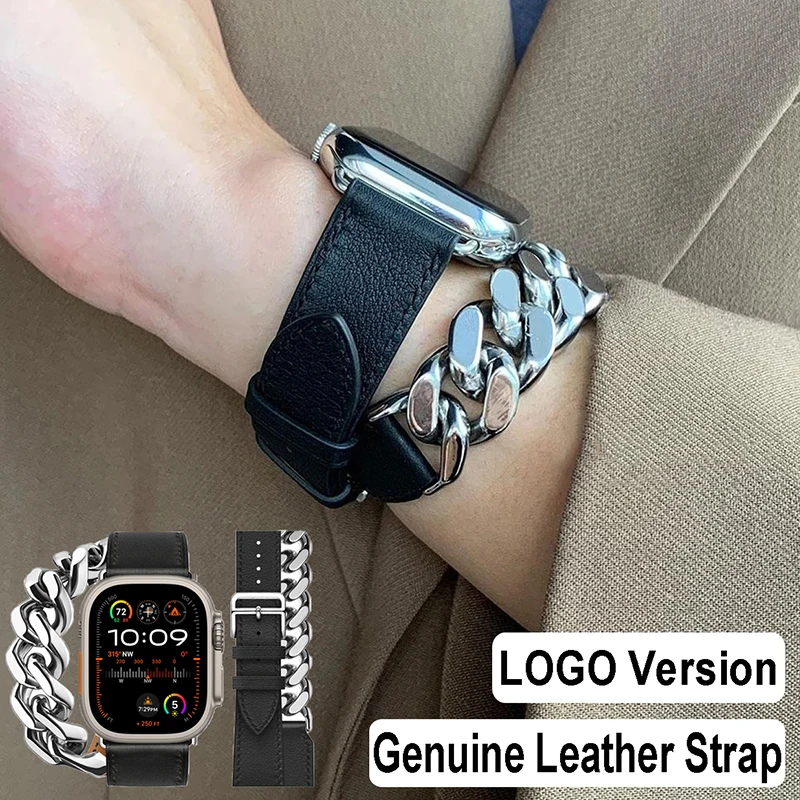 Genuine Leather Strap For Apple Watch Ultra 2 49mm Metal Double Tour Bracelet For iWatch 10 9 8 46mm 45mm 41mm 42mm 40 44mm Band