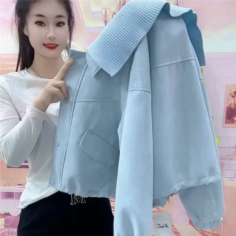 

2025 Spring Autumn Women's Lapel Loose Coat Casual New Female Design Small Short Jacket Simple Ladies Spliced Outwear