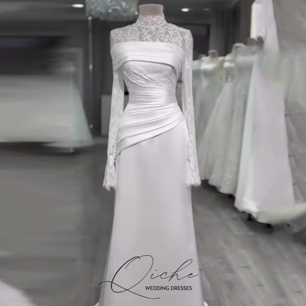 

QICHE Атласные мусульманские свадебные платья с высоким воротом, кружевные платья с длинными рукавами, Дубай, скромное белое длинное свадебное платье по индивидуальному заказу