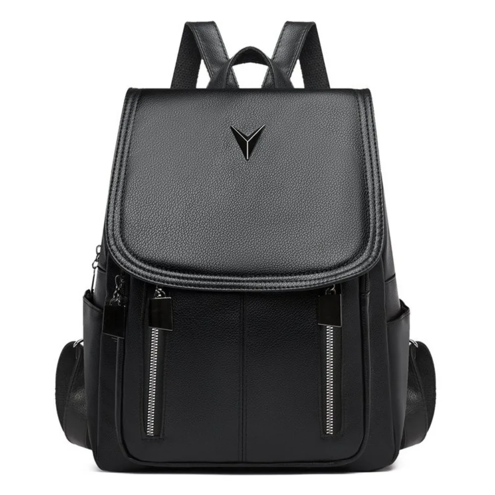 PU leather student backpack, large-capacity multi-pocket flip cover computer backpack, waterproof travel backpack