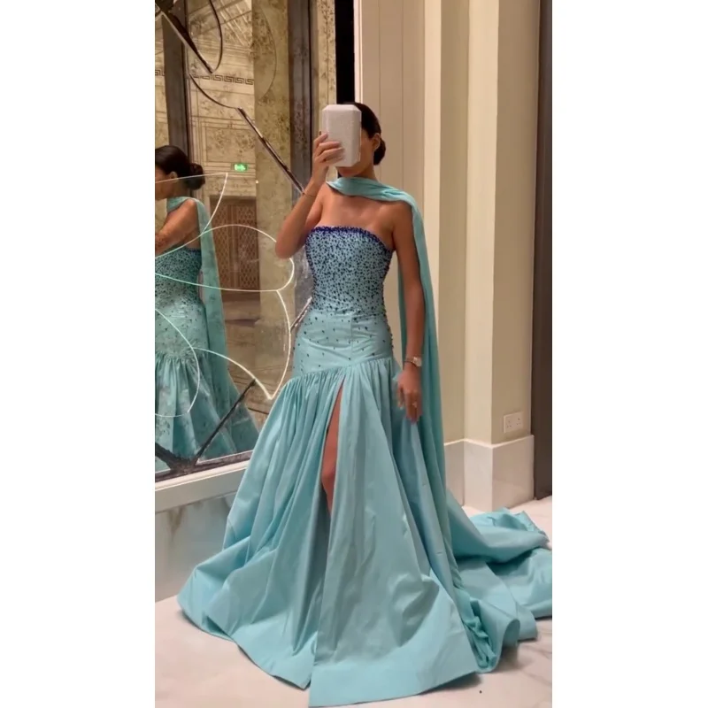 Indie Strapless Prom Dresses A-Line Plus size Formal Dress Sleeveless Evening Gown Beading Open Leg Party Gowns customized 2025 image 6
