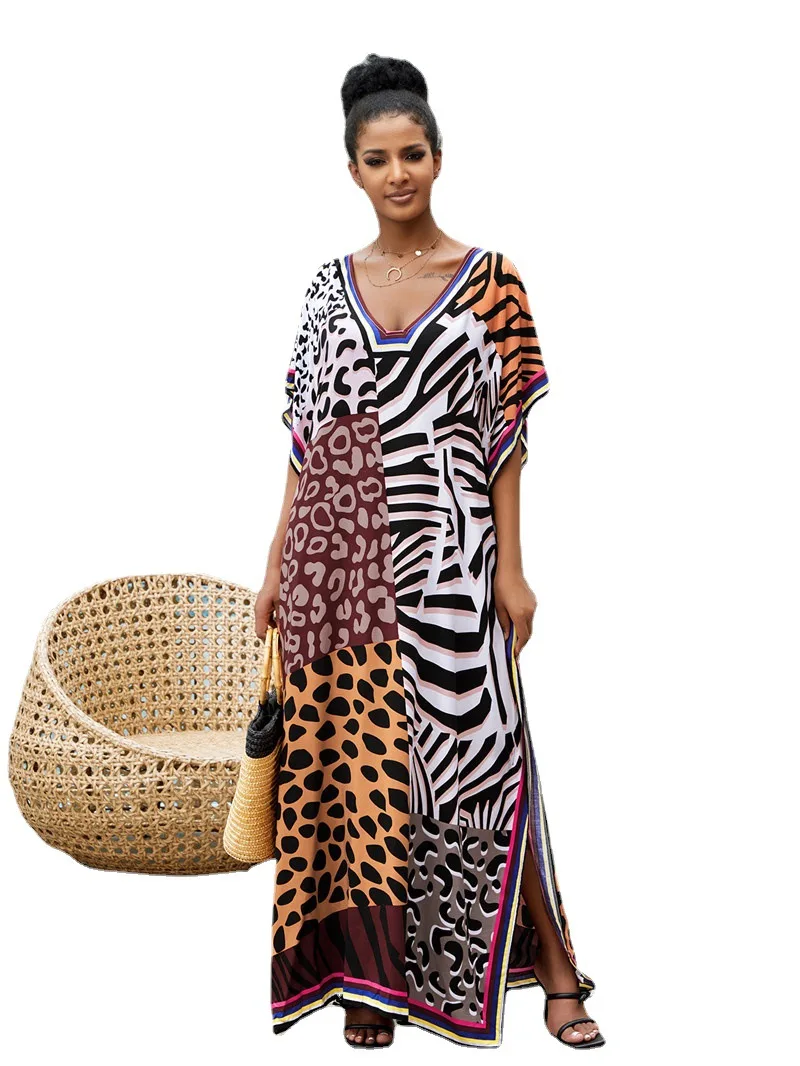 Leopard-女性用ボヘミアンビーチドレス,バットウィングスリーブのプリントキルティング衣装,ラージサイズ,カフタン,ビーチウェア,水着カバーアップ