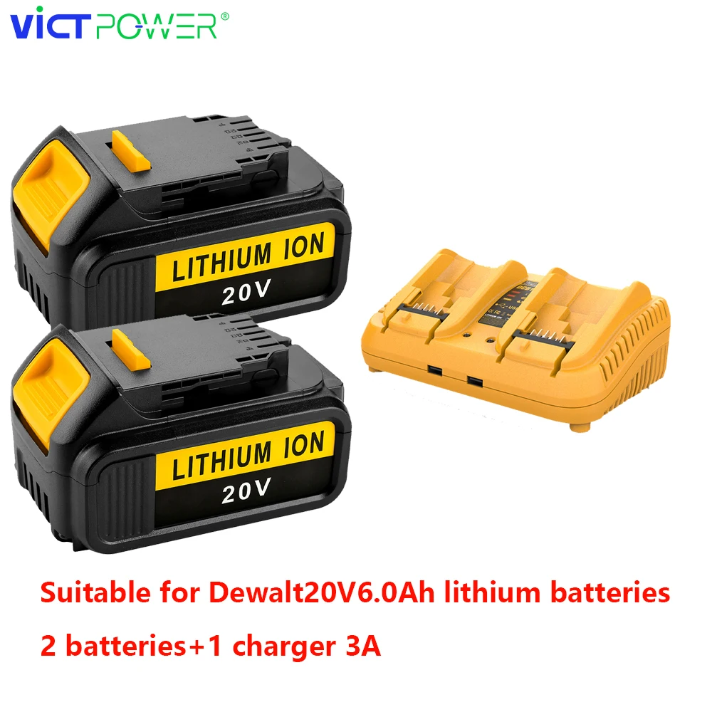 2PCS 18V Battery 6.0Ah Replacement Battery with Charger For Dewalt DCB200 Rechargeable Power Tool Battery DCB206 DCB207 DCB204