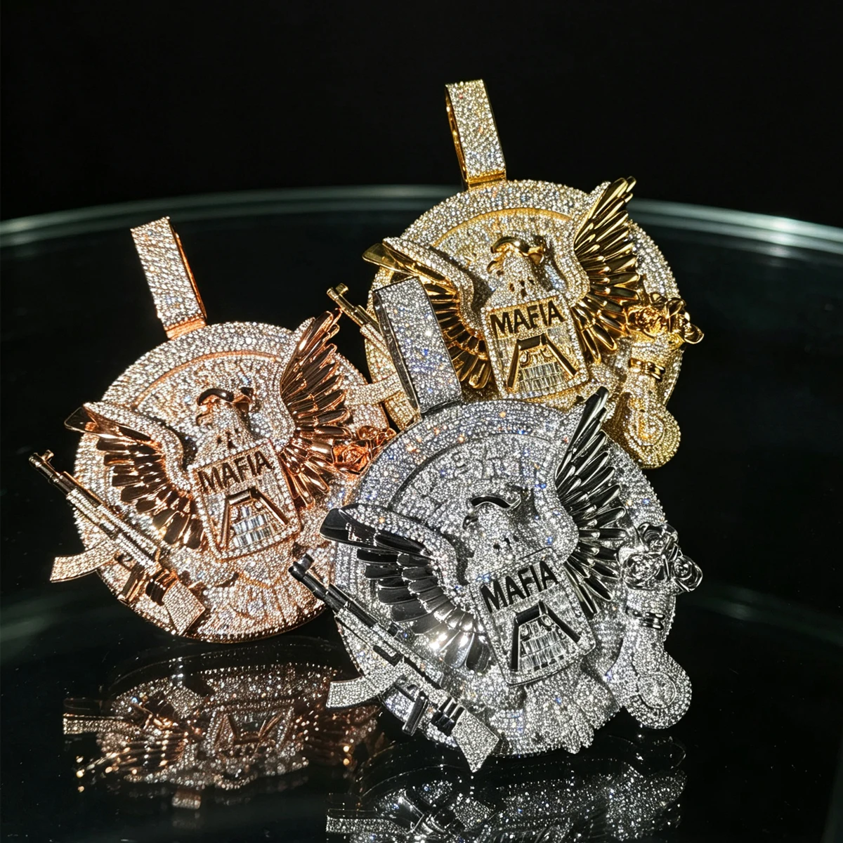 Iced Out Mafia Eagle Pendant For Men Fully Micro Paved Shiny CZ 18K Gold Plated Hip Hop Necklace Charm Unique 3D Design With Eagle Gun Rose And Money Bag Symbol Statement Bling Fine Jewelry Gift For Rapper Street Style Party Daily Performance Club Wear