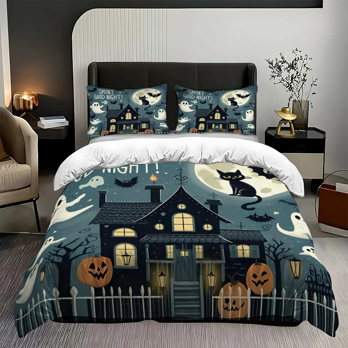 3-Piece Halloween Themed Ghost and Castle Pattern, 1 Duvet Cover+2 Pillowcases, Coreless, Soft and Comfortable Duvet Cover Set