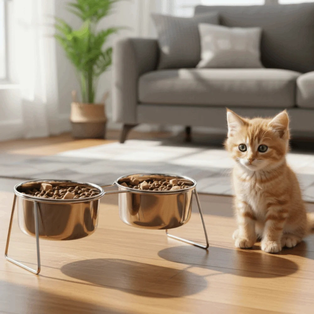 

Anti-Tipping Stainless Steel Cat Bowl with Stand Sturdy Neck Protector Bowl Anti-leak Rust Proof Elevated Cat Food Bowl Travel