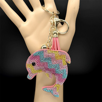 Colorful Cute Dolphin Kawaii Keychain For Women Men Full Crystal Rhinestone Pink Tassel Sea Animal Ocean Bag Hanging Jewelry