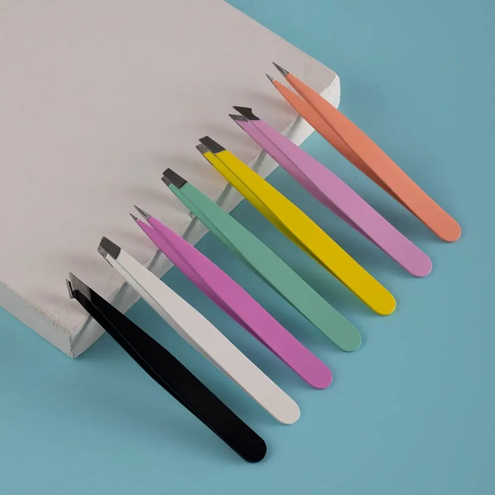 Stainless Eyebrow Tweezers Set Anti-fingerprints Colorful Slanted Eye Brow Clips Flat Tilted Fine Hairs Puller Face Hair Removal