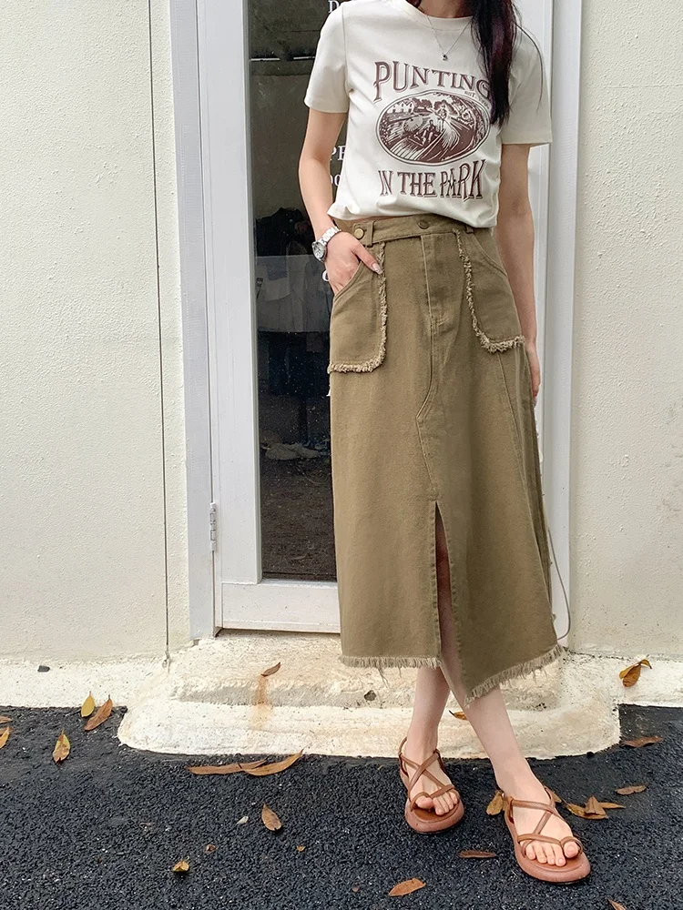 

Slimming High Waist Mid-Length Women's Denim Skirt Yang Pao Pao Korean Sle Double Button Slit Jeans Skirt A-Line Skirt