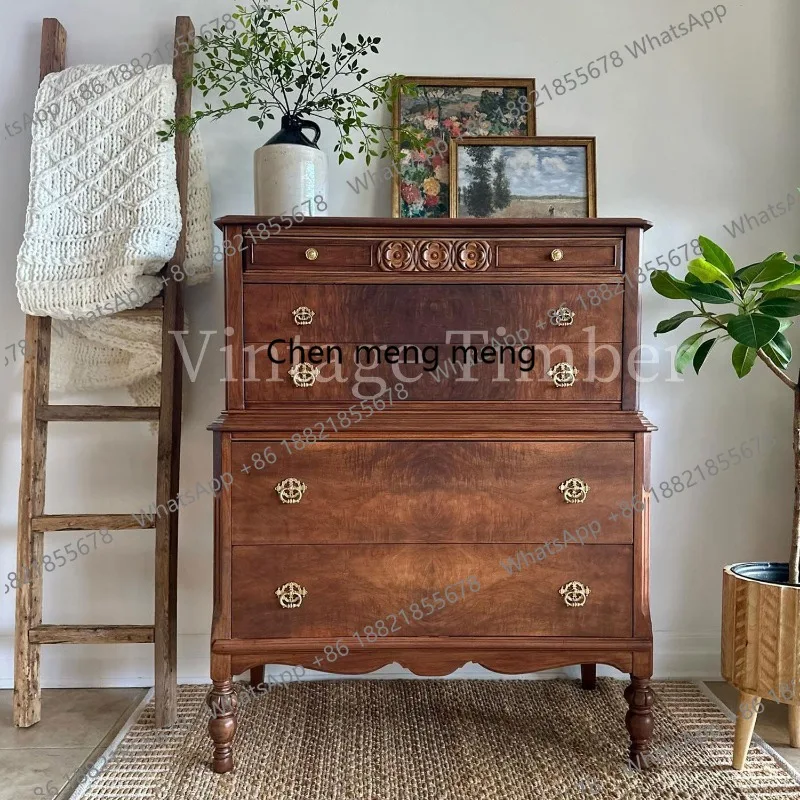 

American carved solid wood high chest cabinet, living room storage storage cabinet, retro decorative chest cabinet