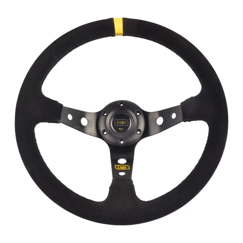 MO 14 inch 350mm Deep Dish Racing Steering Wheel Suede Leather Drift JDM Racing Yellow Ring Black Line