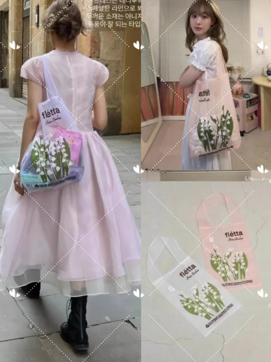 

Fletta Brigittetanaka Collaborative Bellflower Embroidery Transparent Lace Canvas Tote Bag Casual ex op Bag