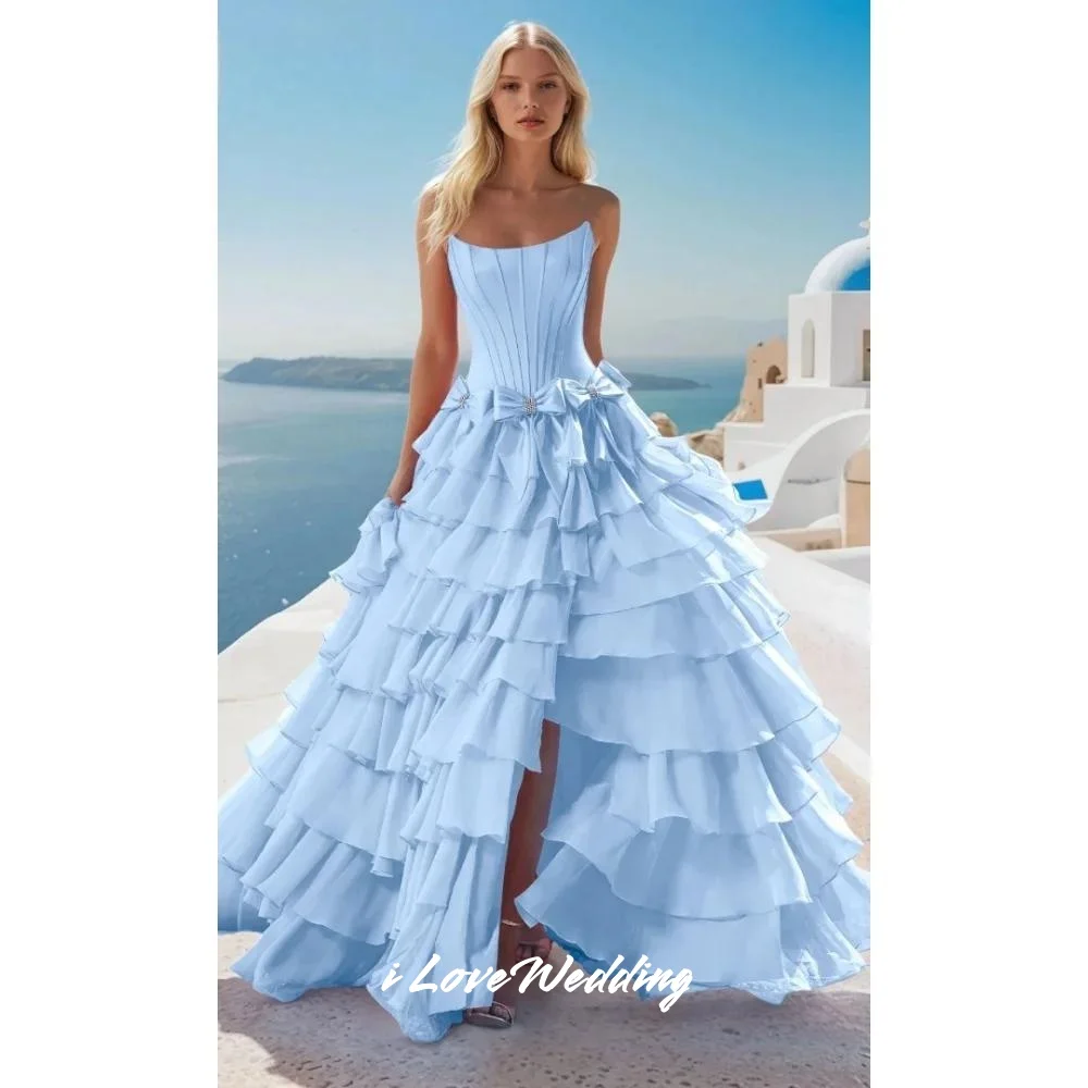 Light Blue Strapless Prom Dress 2025 Sleeveless A-Line Side Split Bow Multi-Layered Pleated Floor-Length Party Dress Customized
