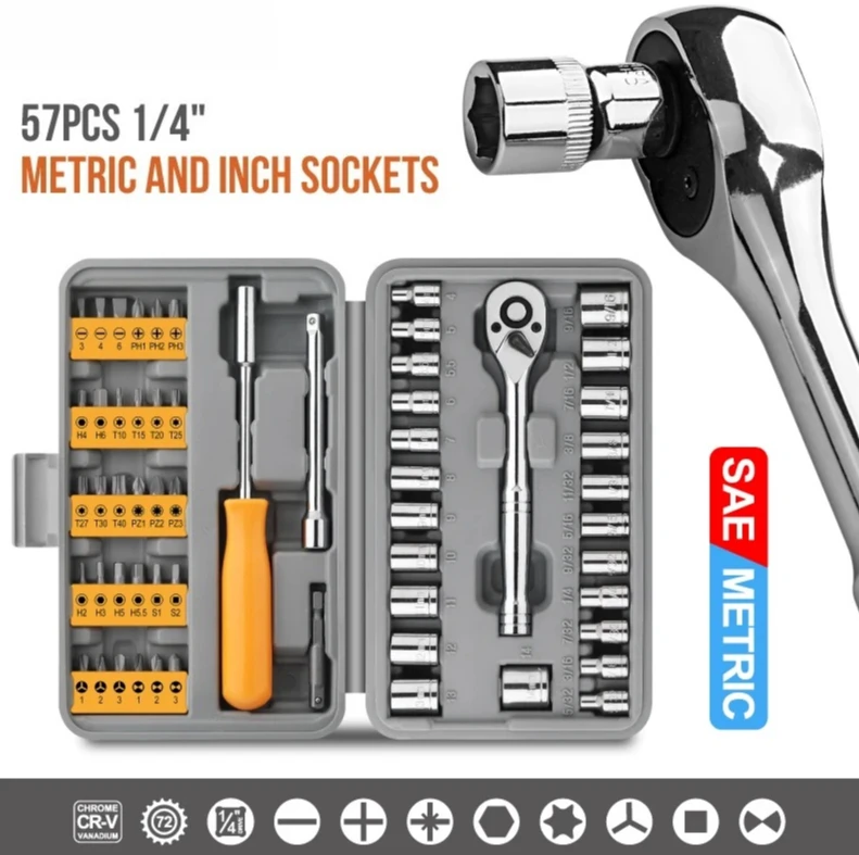 

57Pcs Car Repair Tools Set for Car Bike Motorcycle Maintenance Mechanic Tools 1/4" Socket Ratchet Wrench Set Complete