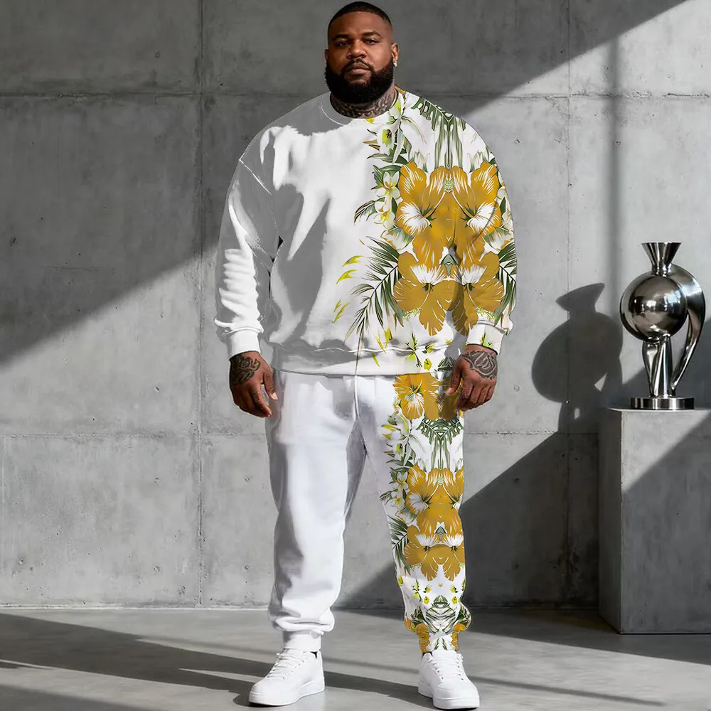 

S-9xl plus size Men's Hoodie Set: Floral Edge - 2-Piece Modern-Chic, Soft Warm Fabric, Minimalist Bloom Printsl G