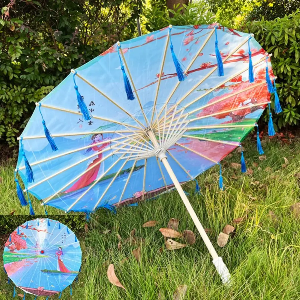 56 cm Paraplu Fan Chinese Antieke Stijl Zijden Doek Prop Dans Paraplu 10 Kleuren Kwastje Cosplay Hanfu Olie Papier Paraplu