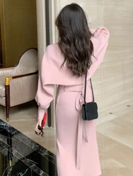 Winter Pink Elegant Two Piece Sweater Set Women Loose Warm Knitted Sweater Suit Female Bow Casual Korean Fashion Chic Set 2022