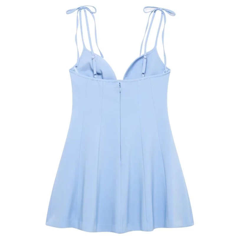 Hxao 2025 vestido feminino azul deslizamento vestido de verão mulher elegante borboleta espartilho vestidos curtos sólido sem mangas sem costas