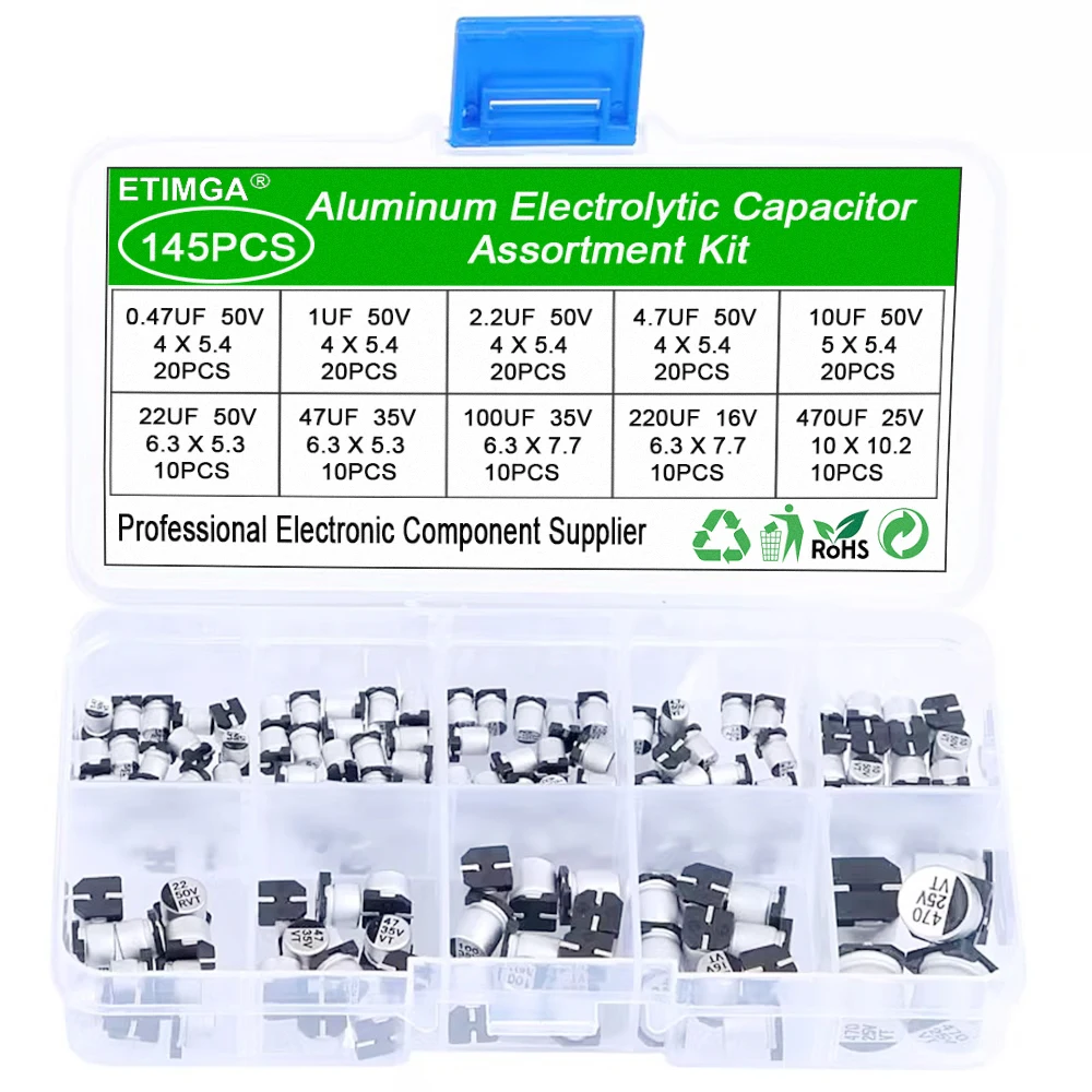 

145PCS 10 Values capacitor kit Aluminum Electrolytic SMD condensadores electrolíticos 25V 35V 50V 0.47UF~470UF