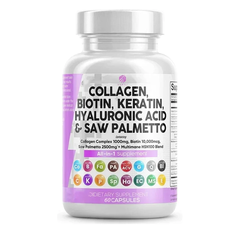 60 Pills Collagen Supplement with Biotin Keratin Saw Palmetto Hyaluronic Acid Vitamin E And Folate for Hair Skin Nails Health