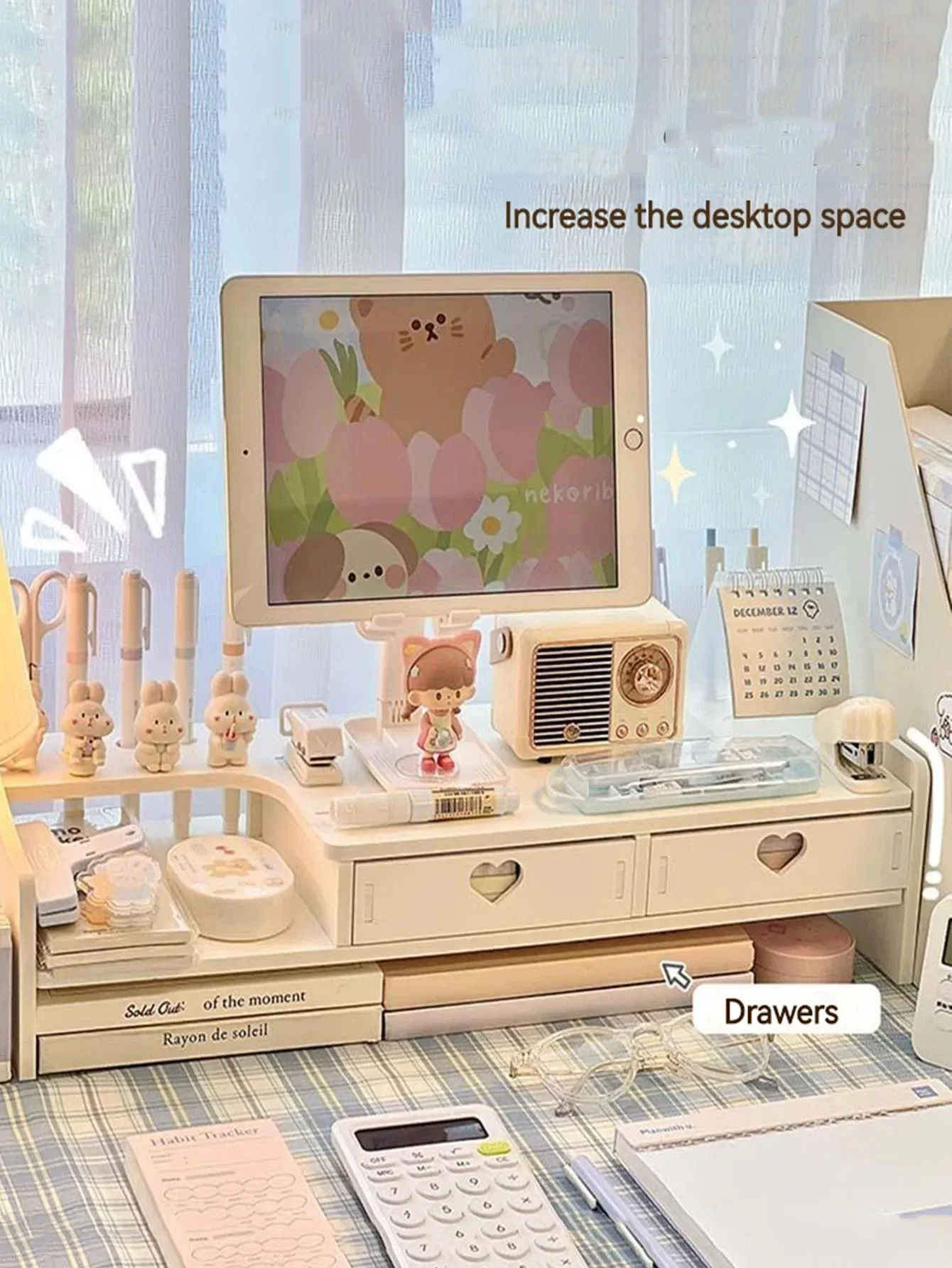 Desktop Added Rack Office Student Desk with Drawers Monitor Stand Laptop Rack Stationery Organizer Storage Shelf Ins Dormitory