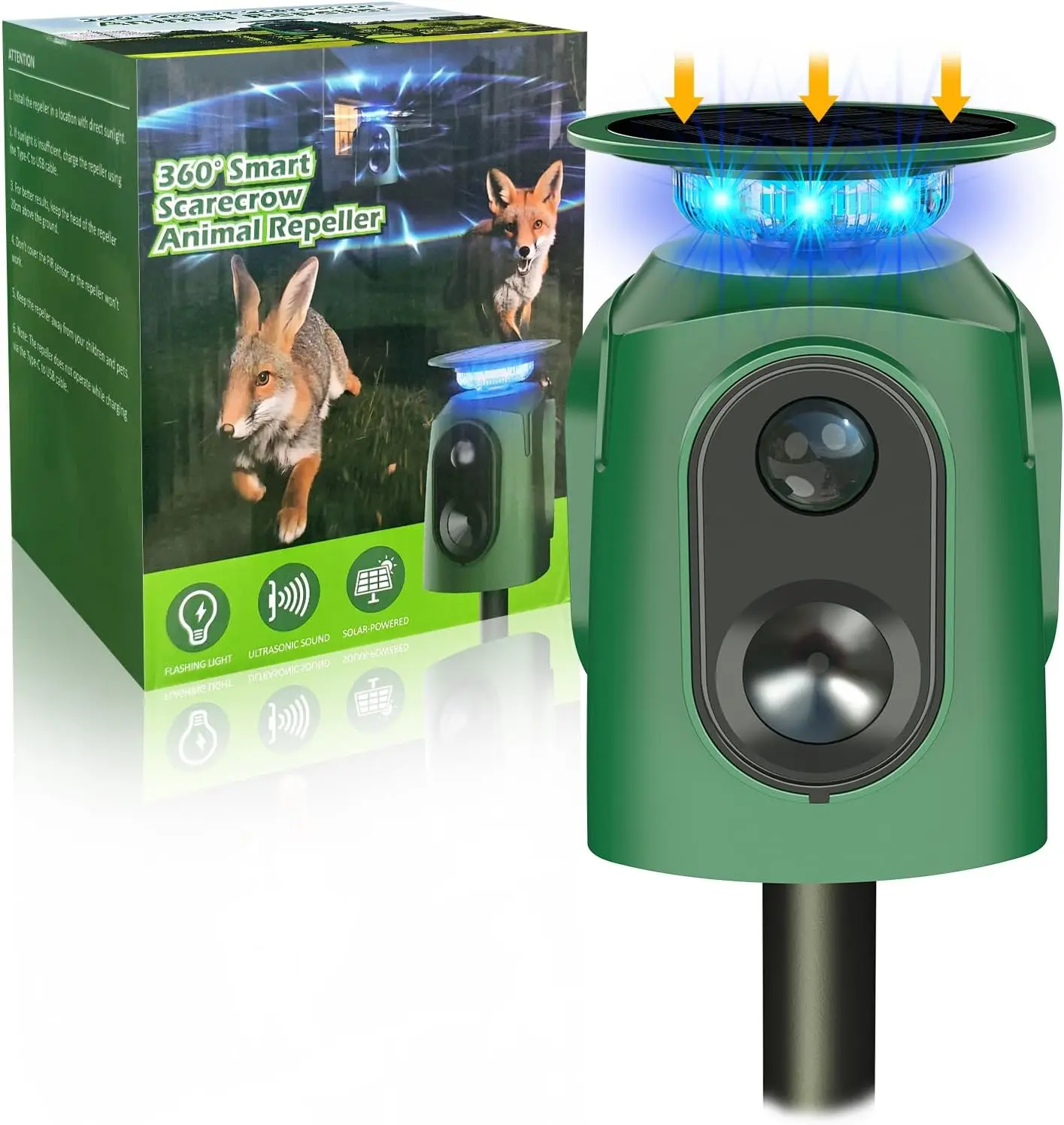 360 Solar Ultrasonic Outdoor Animal Repeller Waterproof with Flash Light, Motion Activated Deter Dog, Raccoon, Coyote, Skunk for Lawn Garden