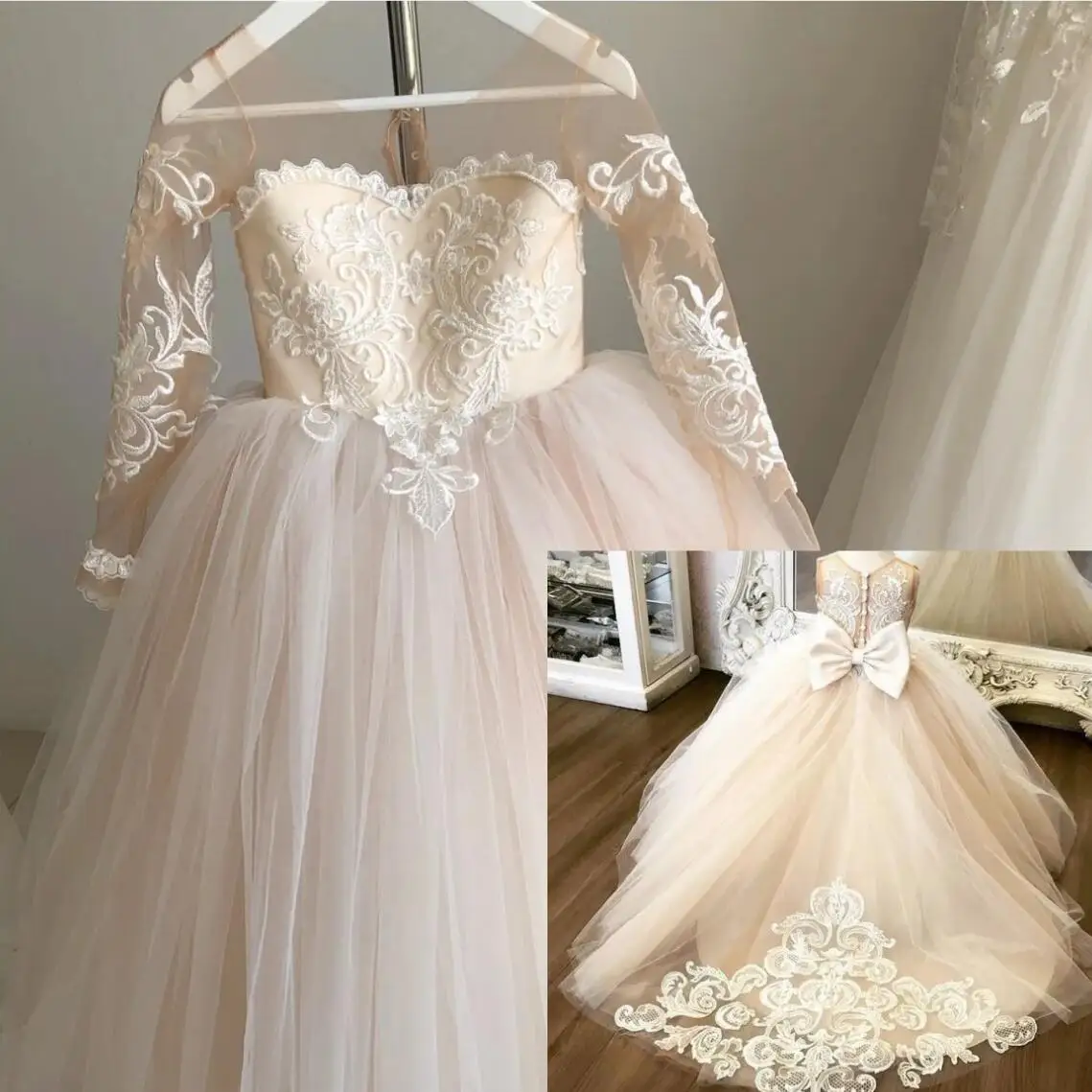 

Long Sleeve White Ivory Flower Girl Dresses For Wedding Guest Child Kids Bridesmaid Lace Floral Tulle Skirt Ball Gown