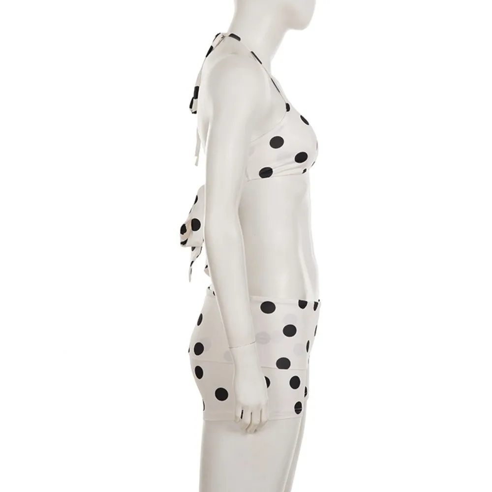 ファッション ホルターネック スリング ビキニ スーツ ボクサーショーツ フリル付き水着セット スリムフィット レースアップ 水玉模様水着 バケーション