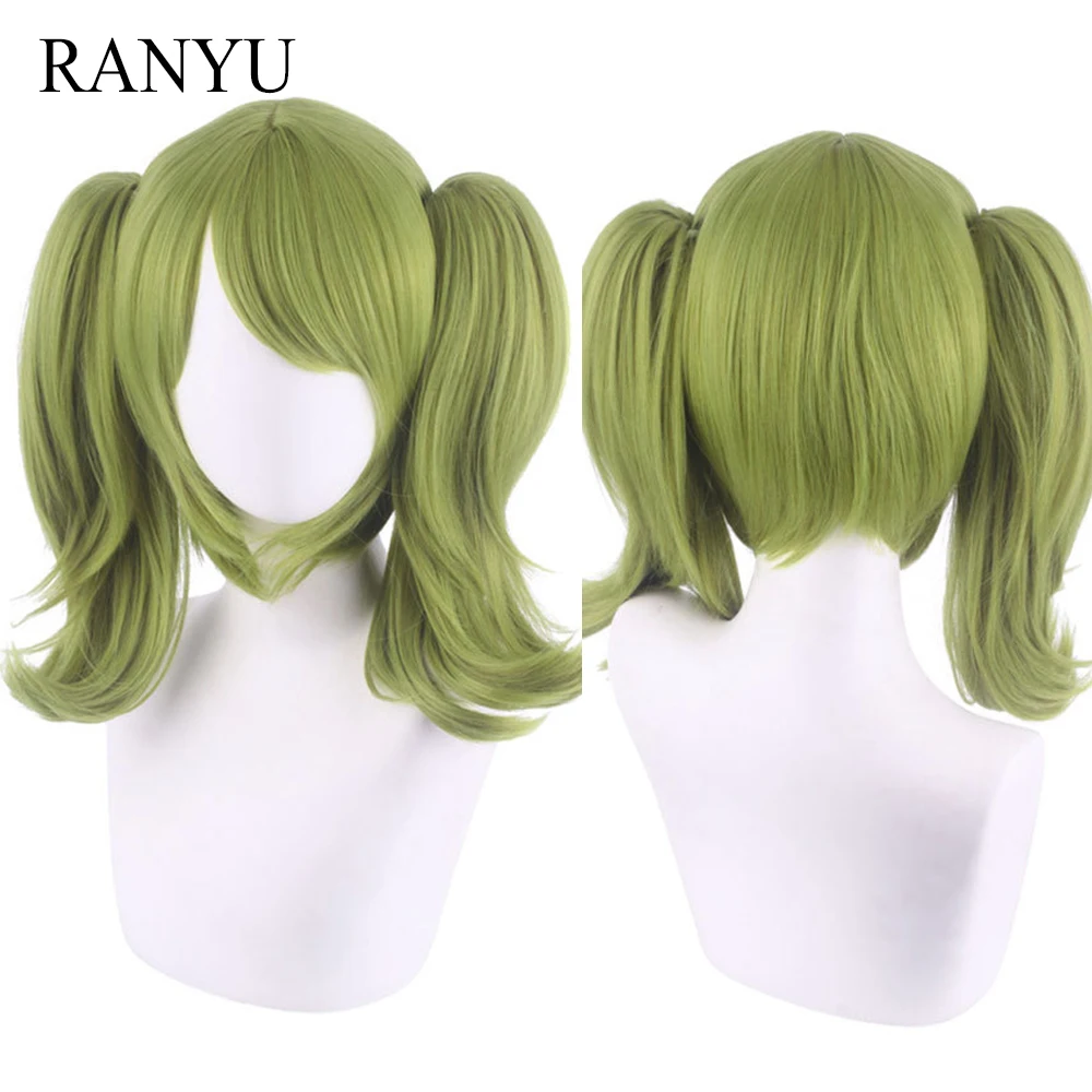 

RANYU Women Synthetic Wigs Short Straight Green Ponytails Anime Cosplay Hair Heat Resistant Wig for Party