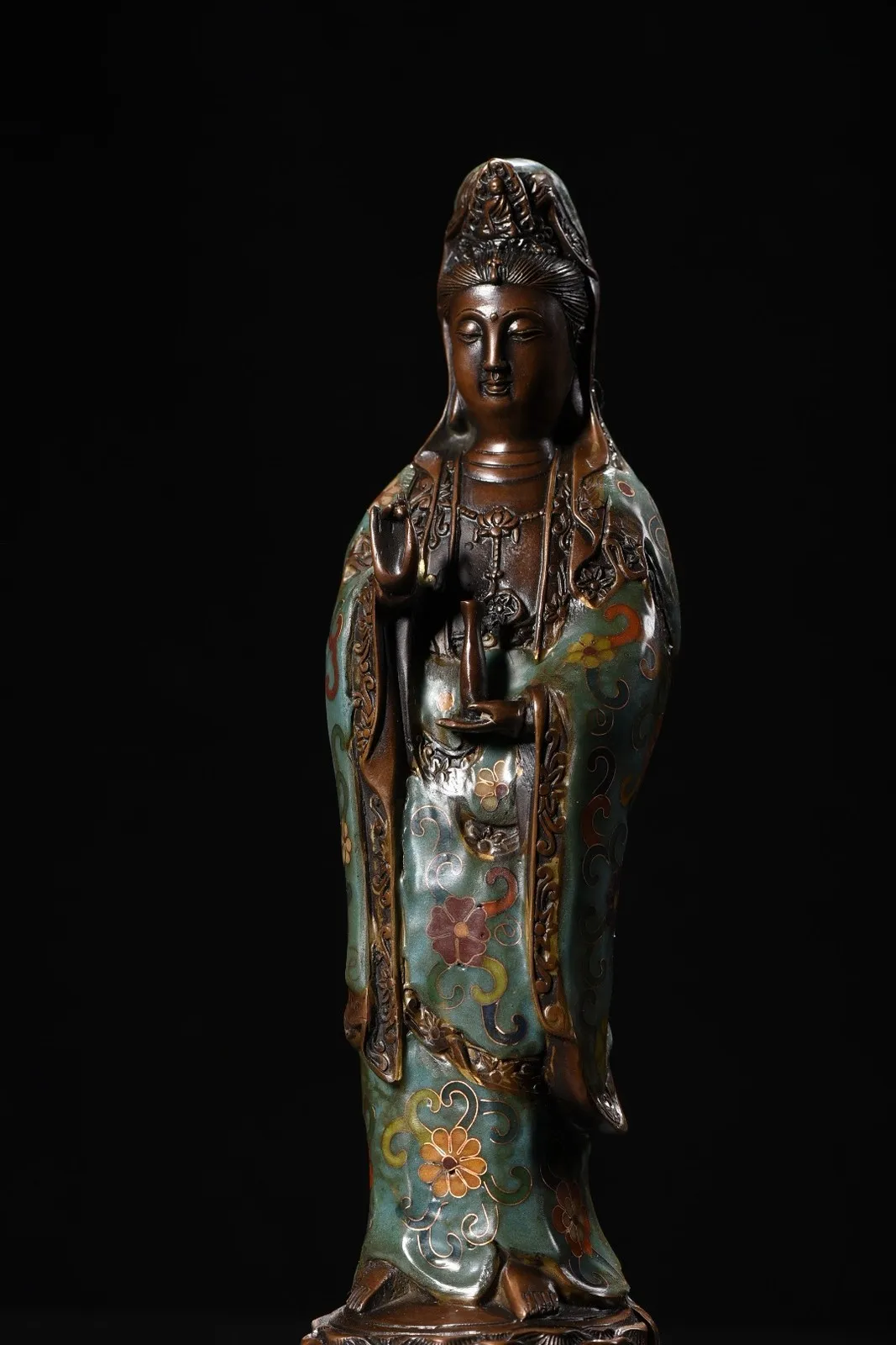 Bronze Cloisonne Enamel Flower Texture Guanyin Bodhisattva Station Buddha