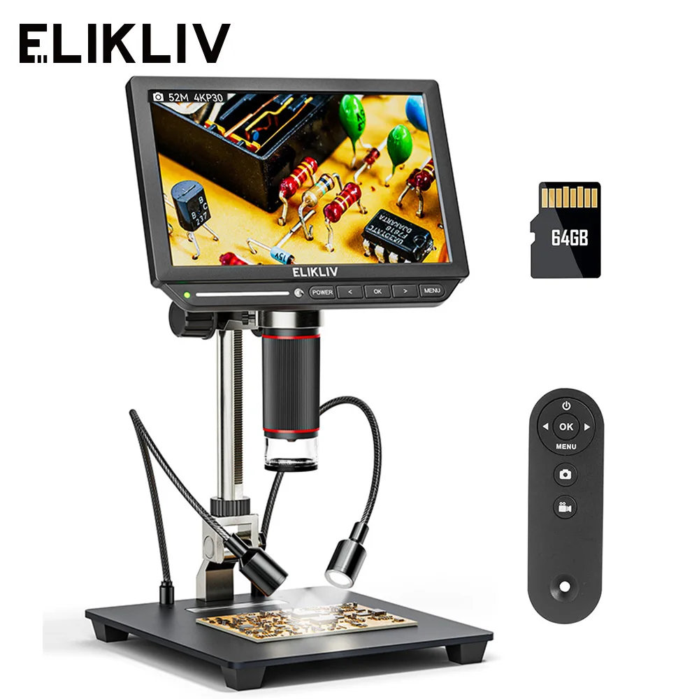 Elikliv EM4K 4K Microscope For Electronics 2000x 52MP HDMI Digital Microscope for PCB Inspection Repair with 10