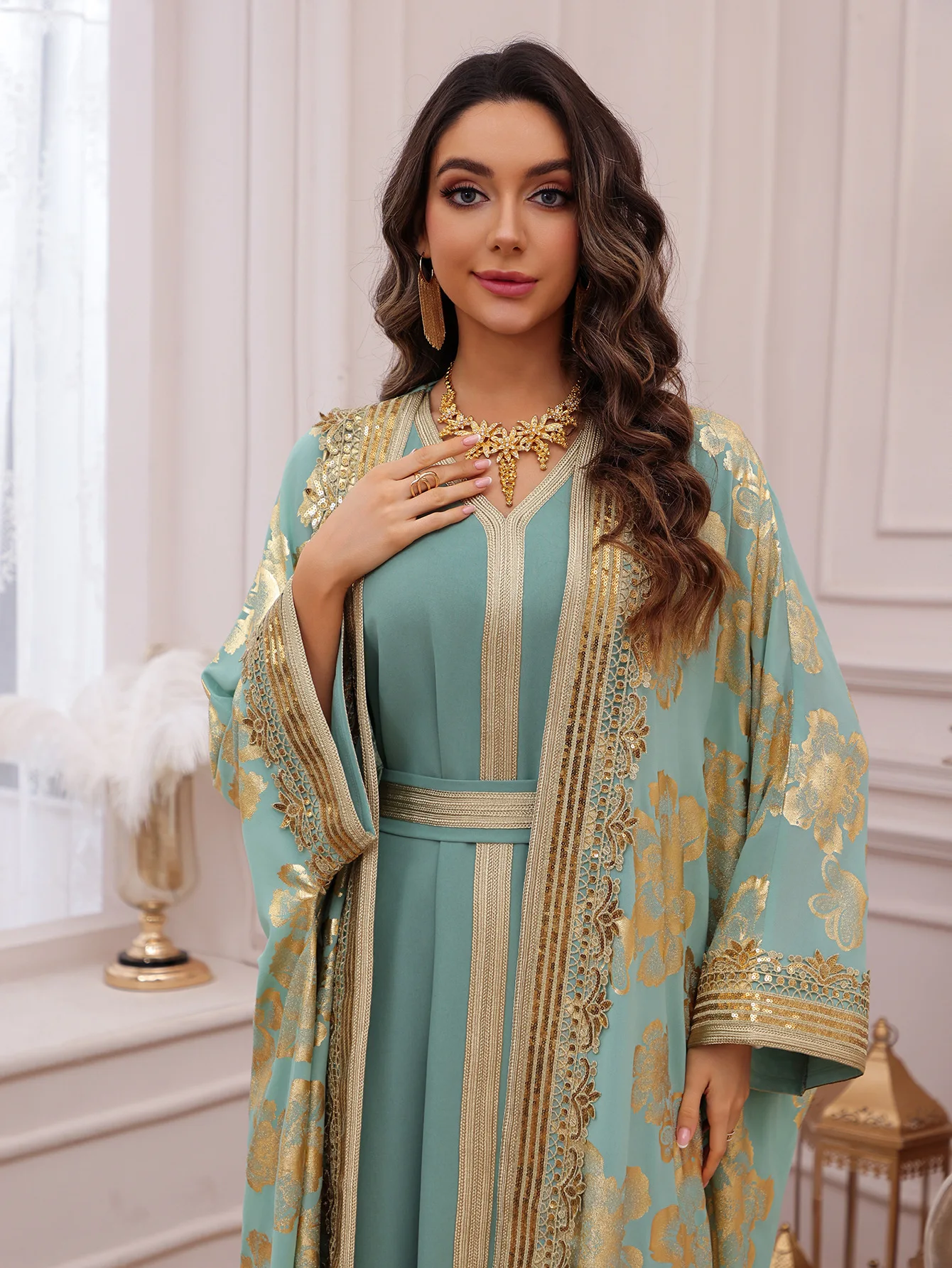 

Fashion 2 Piece Set Open Abaya And Inner Dress For Dubai Women Eid Morocco Kaftan Evening Party Ourwear Long Sleeve Elgeant Coat