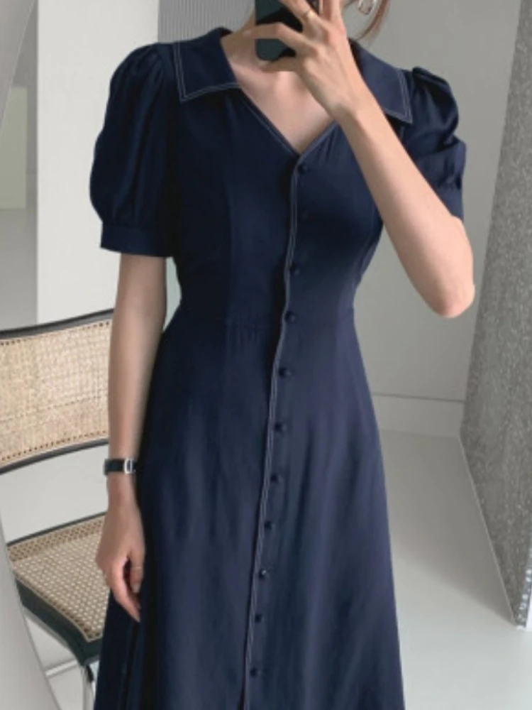 Retro Vintage Long Dress Summer Short Sleeve Elegant Office Lady Work V Neck Single-Breasted Button Shirt Dress Chic Korean 2020