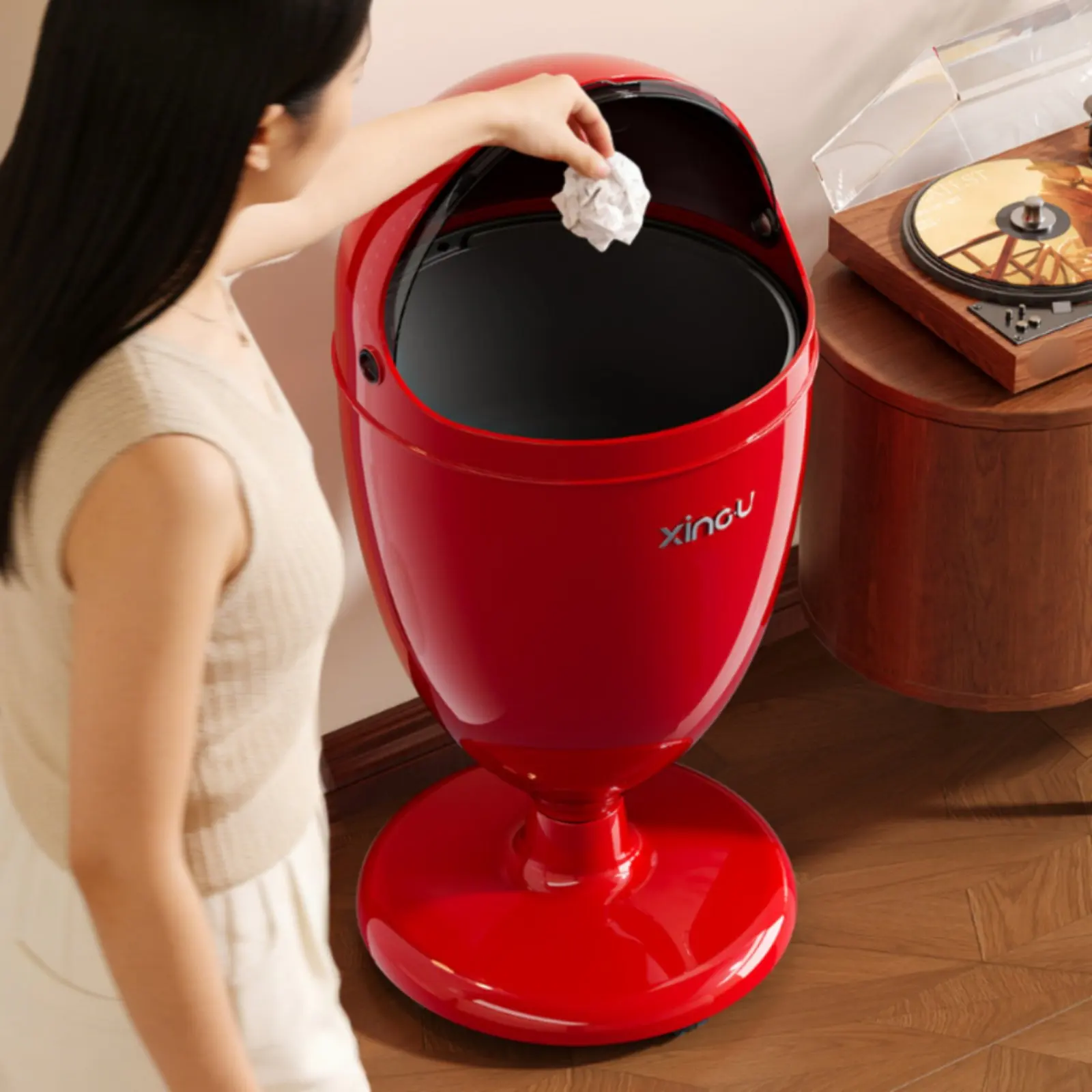 

Tall No-Bend Trash Can Hidden Bag Retainer Goblet Shaped Trash Can Pedestal Waste Bin Anti-Slip Base Swing Top Waste Basket