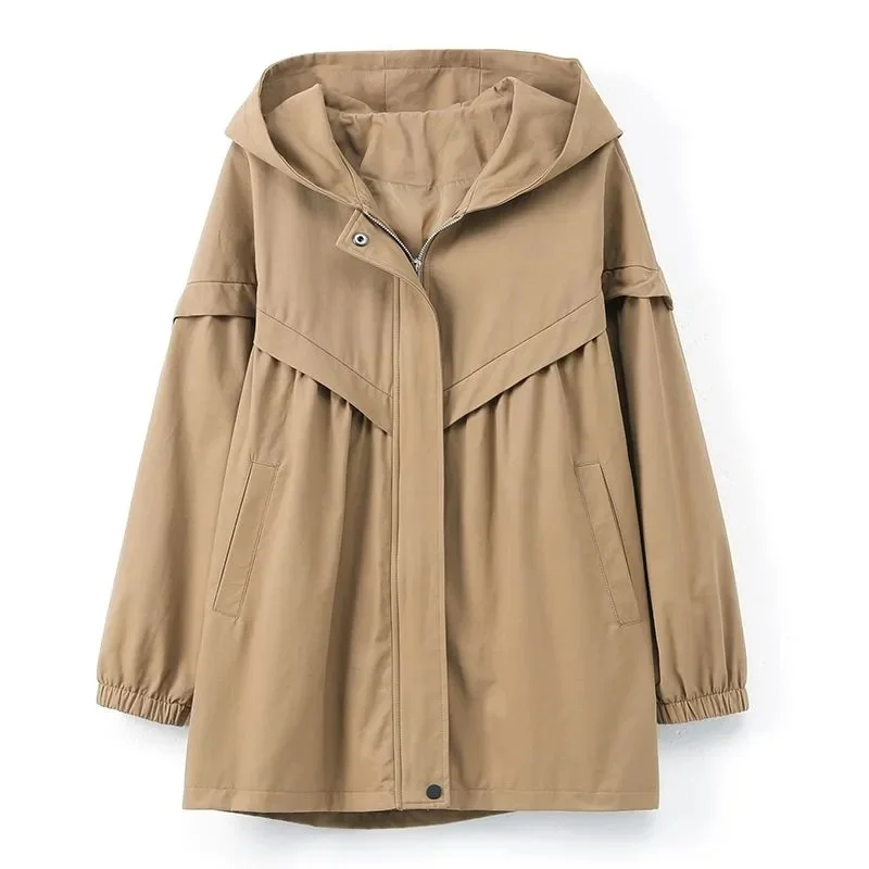 5XL Hooded Trench Coat Casual Large Loose Windbreaker Lining Coat Women's Spring Autumn 2023 New Korean Mid length Jacket Khaki