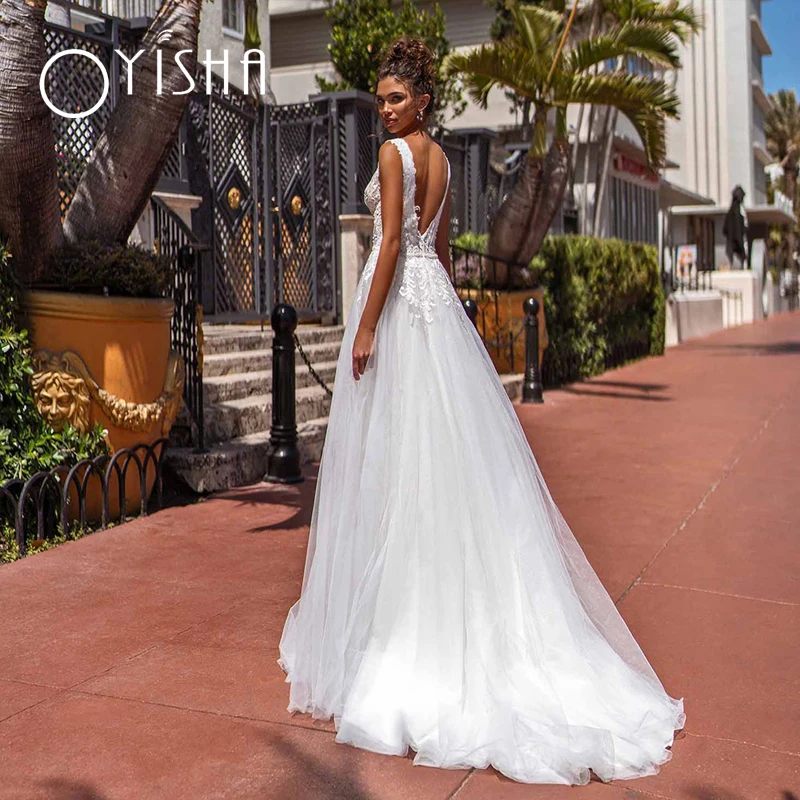 Oyisha Elegant White Wedding Dress Lace For Women 2023 V-Neck Sleeveless Tulle Beach Bridal Gowns Backless Vestidos De Novia