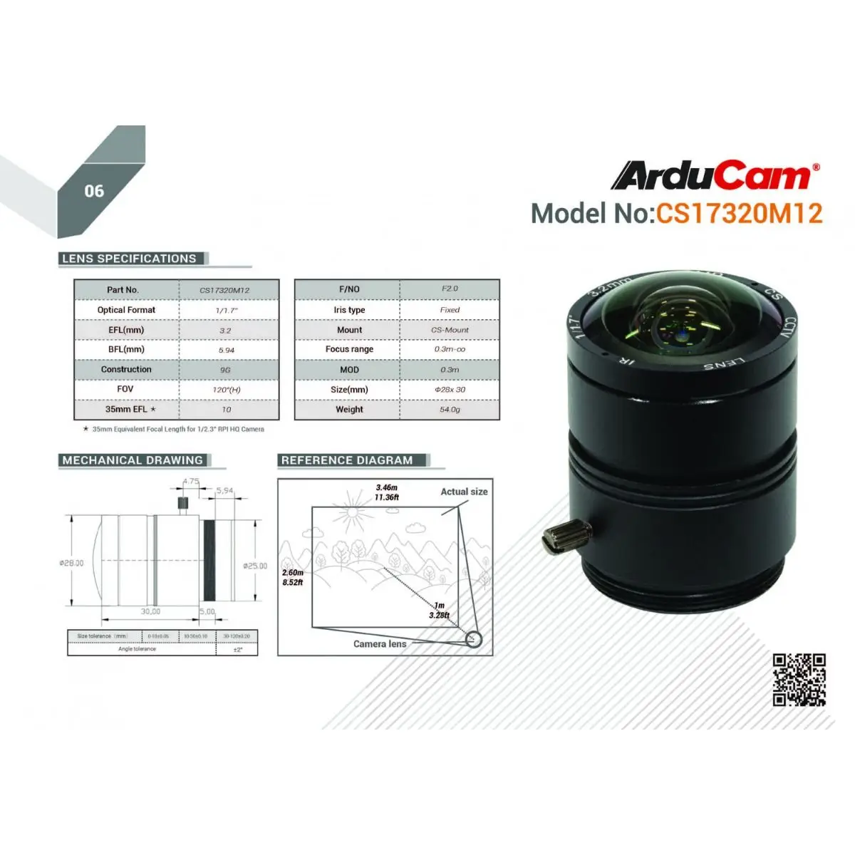 Arducam Cs Lens Voor Raspberry Pi Hq Camera, 120 Graden Ultra Groothoek Cs-Mount Lens, 3.2Mm Brandpuntsafstand Met Handmatige Focus