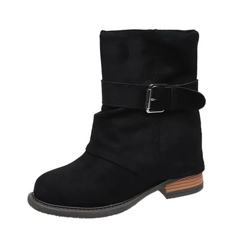 Fashion Round Toe Metal Belt Buckle Pleated Stack Western New Cowboy Boots Women Vintage Hidden Increased Block Heel Short Boots