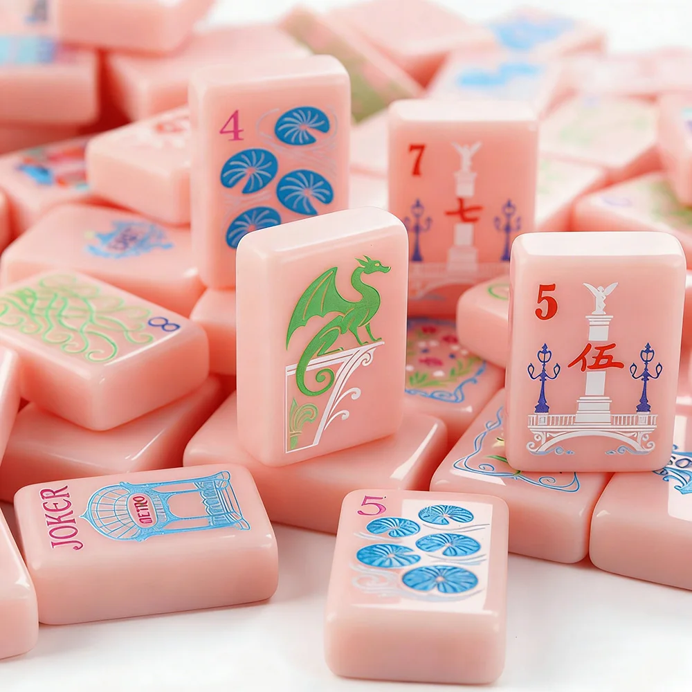 

Pink American Mahjong Set 160 Tiles Acrylic Artistic Engraved Mahjong Tiles Portable American MahJongg Game Set for Family Party