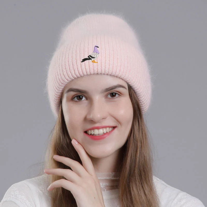 Fashion Embroidery Pigeon Warm Cashmere Wool Angola Rabbit Fur Winter Knitted Beanies Women Cap Female 3 Fold Ski Outdoor Hats
