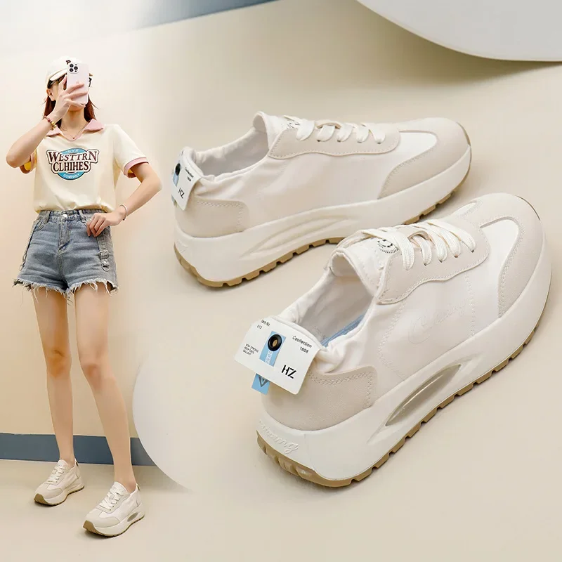 Zapatos deportivos de verano para mujer, zapatos informales transpirables de seda helada con plataforma para caminar, zapatos blancos con cojín de aire